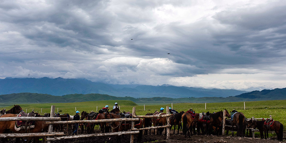 Alta temporada de turismo em pastagens de Xinjiang