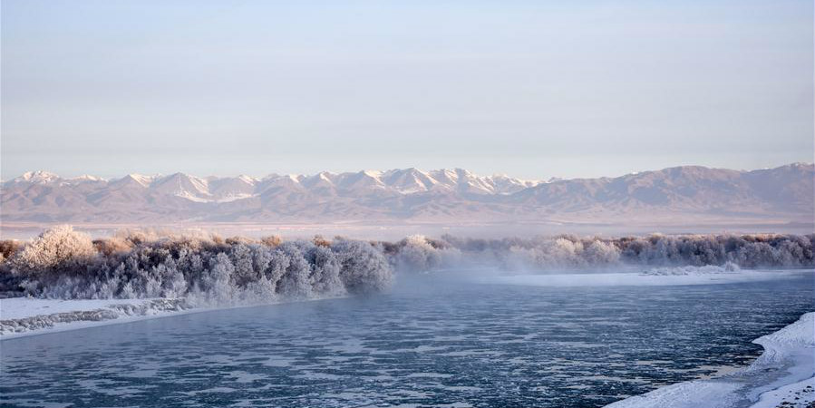 Cenário gelado no parque nacional do pântano do rio Tekes em Xinjiang