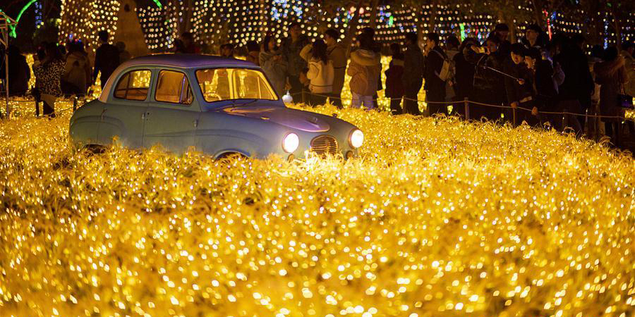 Visitantes apreciam show de luzes em Wuhan, centro da China