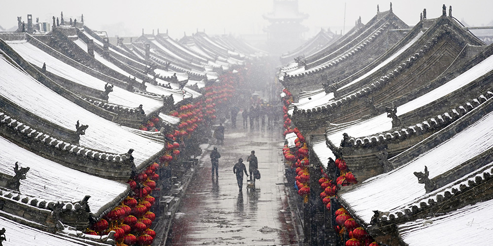 Paisagem de neve da antiga cidade de Pingyao em Shanxi, norte da China