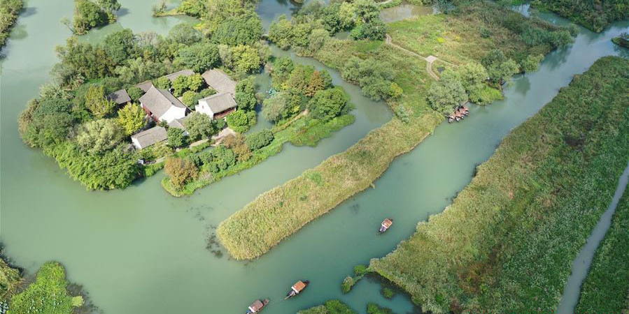 Vista aérea do Parque Nacional do Pântano Xixi em Hangzhou