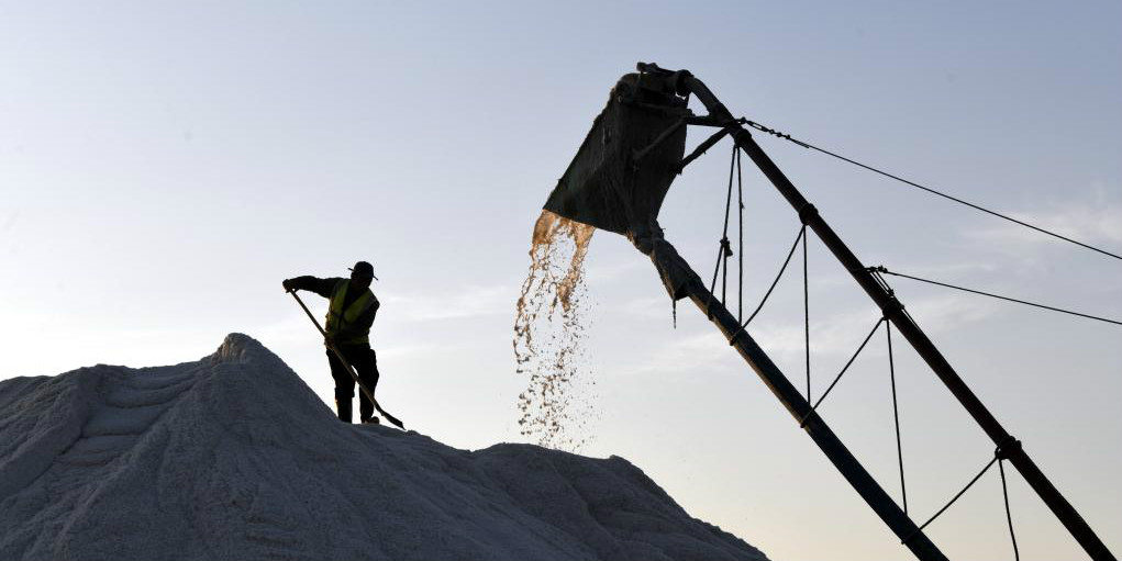 Trabalhadores colhem sal em Binzhou, província de Shandong